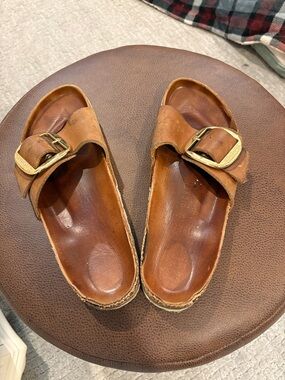 Women’s  Tan Leather Slide Sandals with Adjustable Buckle